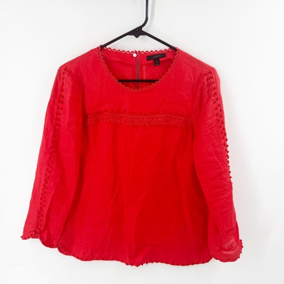 ✅ J. Crew Embroidered Red 100% Linen Top Size 0 LONG SLEEVE - Picture 1 of 7